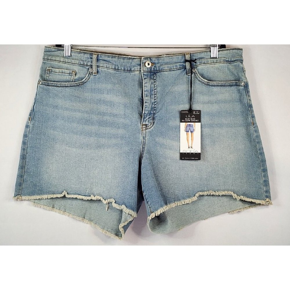 Sofia Jean Shorts Womens 20 Blue Lila Mid Rise High Low Light Wash Cut Offs